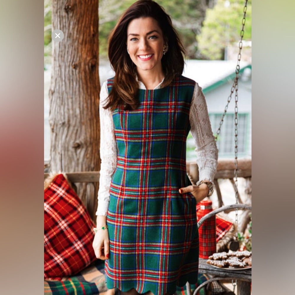 Kiel James Patrick KJP Green Plaid Scalloped Hem Shift Christmas Wrapper Dress 6
